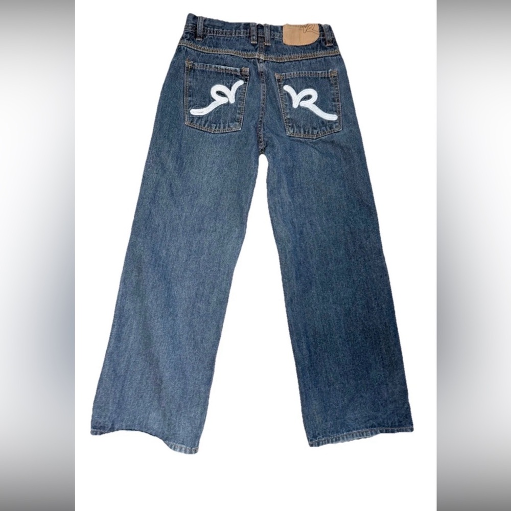 Rocawear Y2K Wide Leg Jeans Kids Size 10 Dark Wash Logo Denim